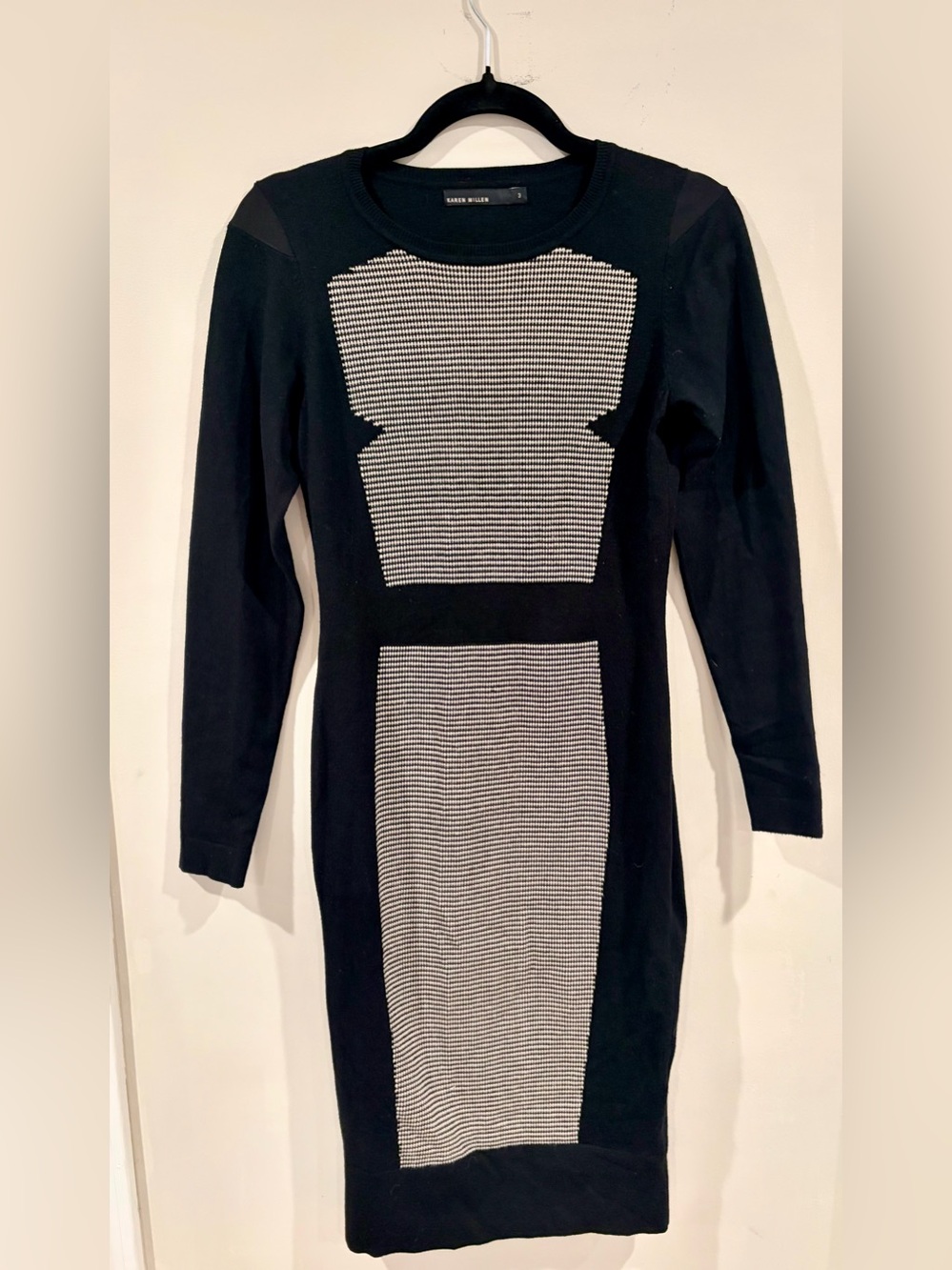 Karen Millen Black and White Long Sleeve Knit Bodycon Dress